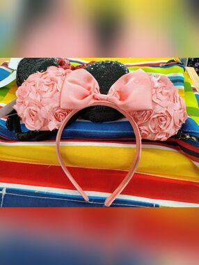 Pink Floral Bow Minnie Ear Headband